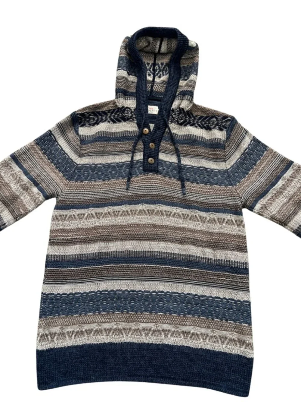 Faherty Men’s Baja Striped Knit Hooded Quarter Button Sweater Navy Tan - Size M